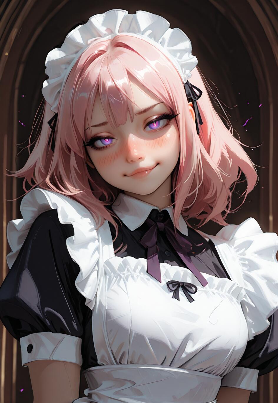 Eine digitale Illustration des Anime-Charakters Astolfo aus der Fate-Reihe, mit rosa Haaren und leuchtend violetten Augen, der ein schwarz-weißes Dienstmädchen-Outfit trägt. Er hat einen selbstgefälligen Gesichtsausdruck und blickt gegen einen dunklen Hintergrund in die Kamera.