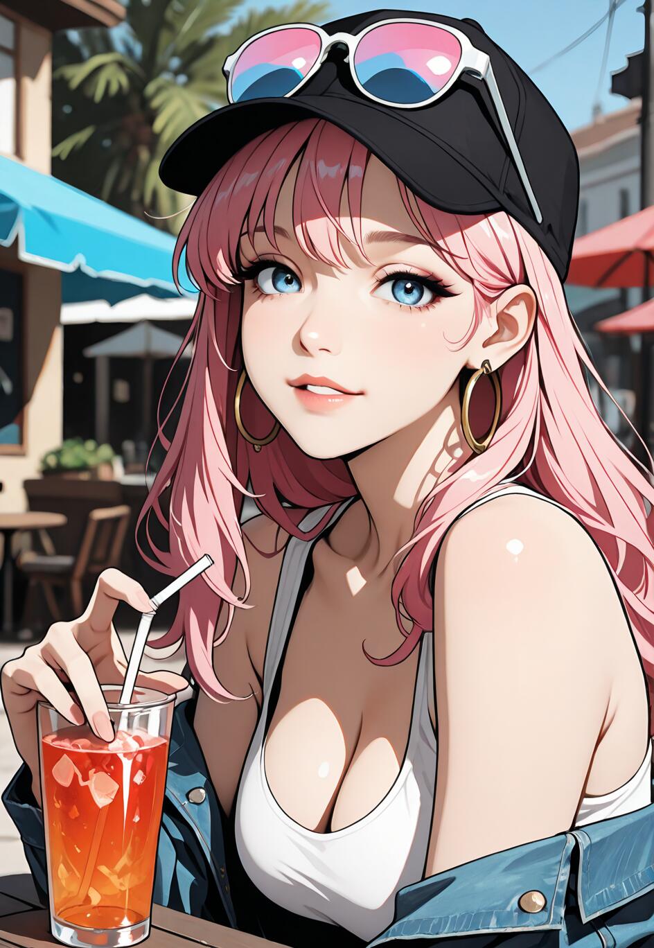 Ein im Anime-Stil gezeichnetes Porträt einer jungen Frau mit pinkfarbenen Haaren und blauen Augen, die an einem Café im Freien sitzt. Sie trägt eine schwarze Kappe, eine Sonnenbrille und eine Jeansjacke und hält ein hohes Glas mit einem rot-orangen Getränk und einem Strohhalm in der Hand.