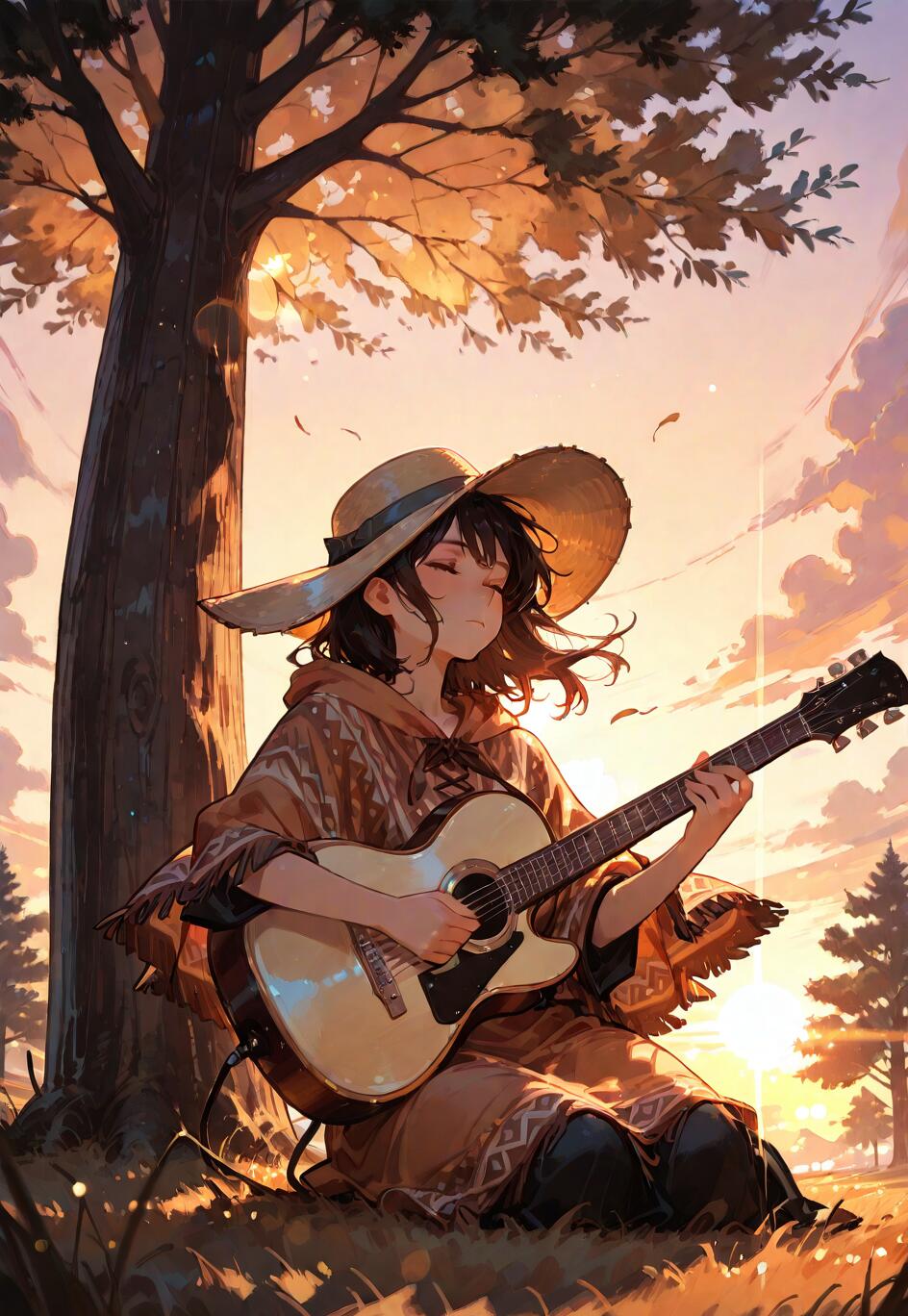 Ein Mädchen im Anime-Stil mit dunklem Haar, das einen Poncho und einen breitkrempigen Hut trägt, sitzt bei Sonnenuntergang an einem großen Baum und spielt friedlich auf einer akustischen Gitarre.