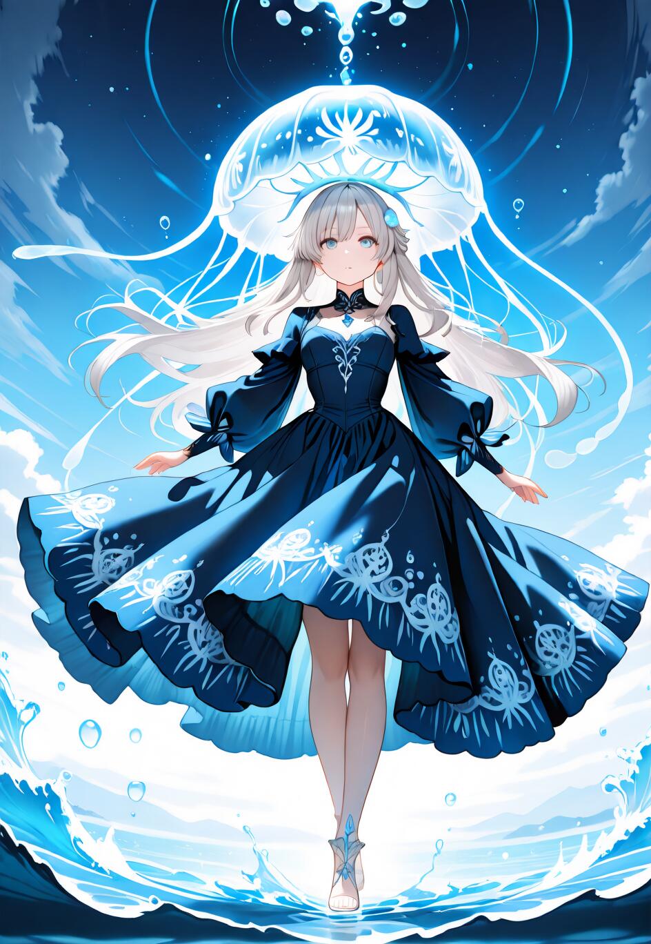 Ein Anime-Mädchen mit langem, silbernem Haar und einem dunkelblauen Kleid steht auf der Wasseroberfläche. Auf ihrem Kopf befindet sich eine große, leuchtend blaue Qualle, die wie ein Hut wirkt, vor einem himmelblauen Hintergrund.