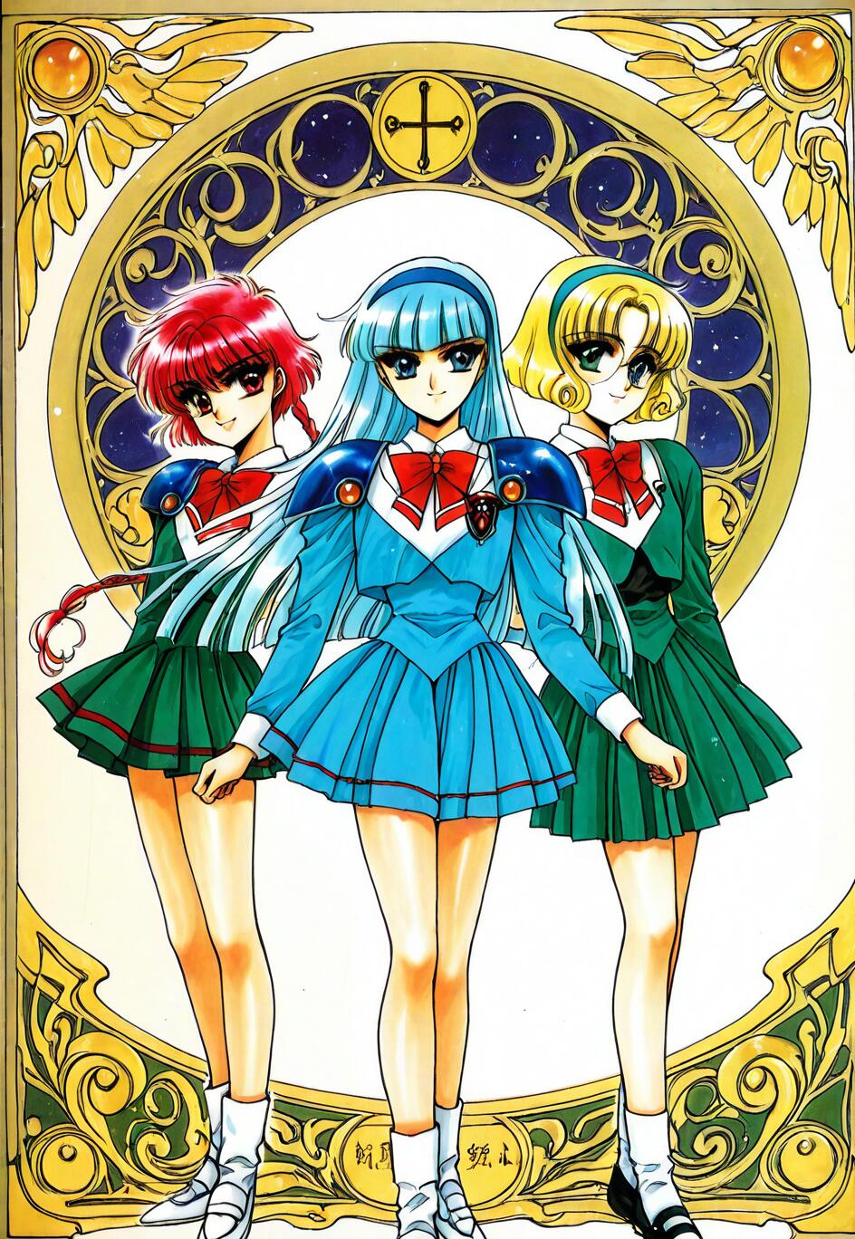 Eine Ganzkörperillustration von Hikaru Shidou, Umi Ryuuzaki und Fuu Hououji aus Magic Knight Rayearth. Hikaru hat rote Haare, Umi hat blaue Haare und Fuu hat blonde Haare und trägt eine Brille. Sie tragen gepanzerte Schuluniformen und stehen vor einem großen, goldenen, kunstvoll verzierten runden Rahmen.