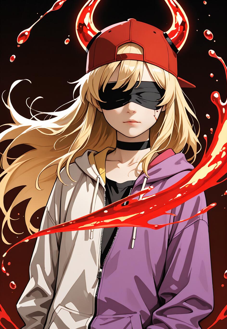 Ein Anime-Mädchen mit langem, blondem Haar, einer verkehrt herum aufgesetzten roten Kappe und einer schwarzen Augenbinde. Sie hat rote, flüssigkeitsähnliche Dämonenhörner und trägt eine zweiteilige, weiß-violette Kapuzenjacke, umgeben von Spritzern roter Flüssigkeit.