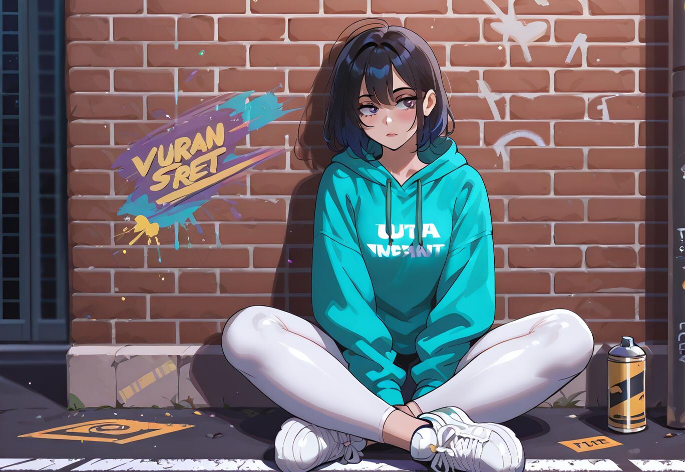 Ein Anime-Mädchen mit kurzen, dunklen Haaren, das eine türkisfarbene Kapuzenjacke und weiße Leggings trägt, sitzt auf dem Bürgersteig und lehnt an einer Ziegelmauer mit bunten Graffiti.