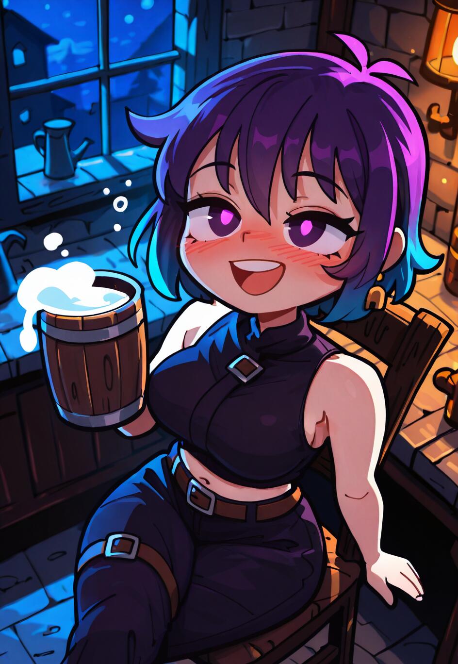 Eine im Anime-Stil gehaltene Illustration eines Mädchens mit kurzem, violett-blauem Haar, das fröhlich lächelt und in einer gemütlichen, bei Nacht mit Kerzen beleuchteten Taverne eine große hölzerne Bierkrug hält.