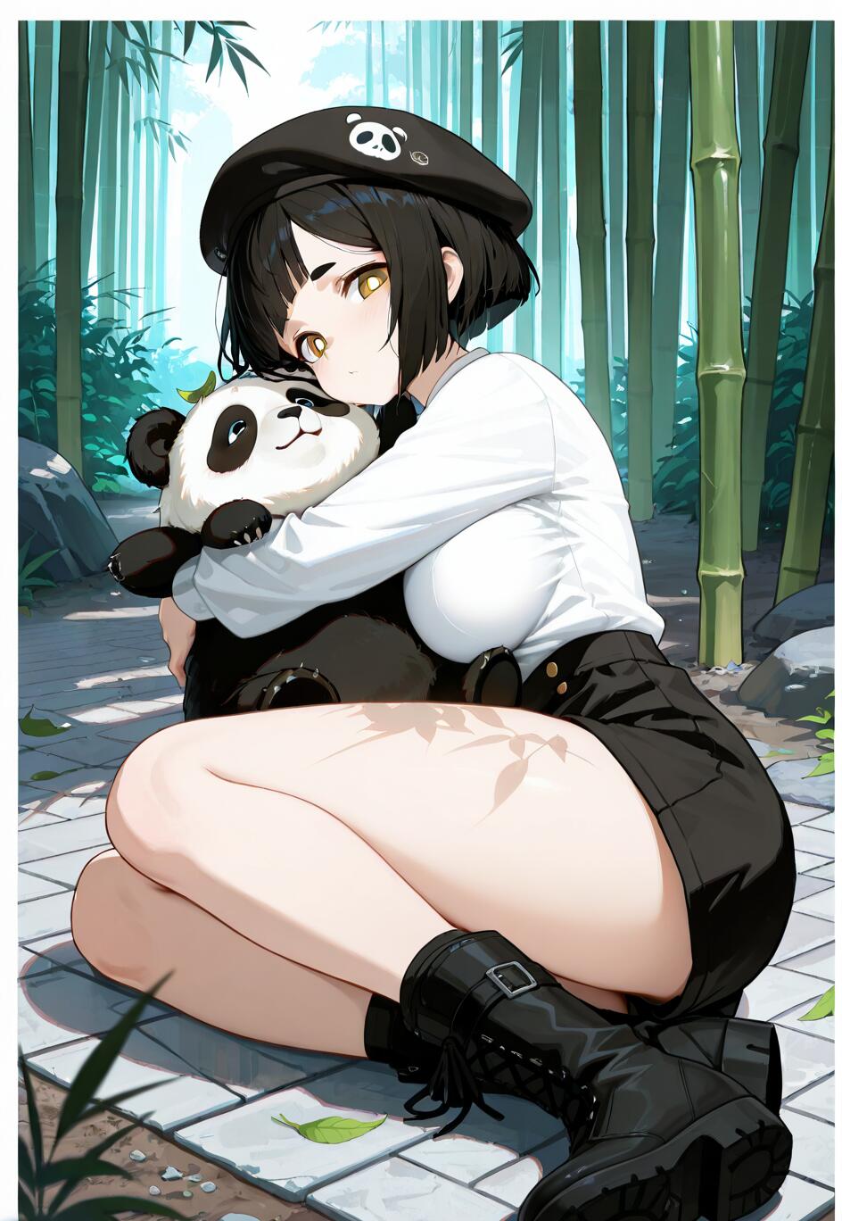 Ein Mädchen im Anime-Stil mit kurzem, schwarzem Haar und einer Panda-Mütze sitzt auf einem Steinpfad in einem Bambuswald und umarmt zärtlich einen großen Panda-Bären.
