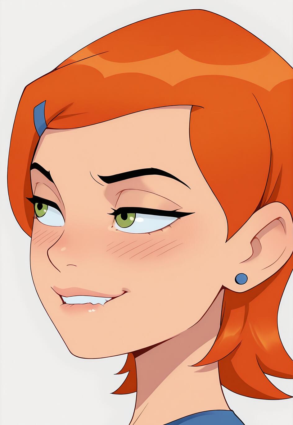 Eine detaillierte digitale Illustration von Gwen Tennyson aus der Serie „Ben 10“. Sie hat kurze, orangefarbene Haare, grüne Augen und einen blauen Ohrring. Sie blickt zur Seite, mit einem schelmischen, neckenden Ausdruck, und beißt leicht auf ihre Lippe.