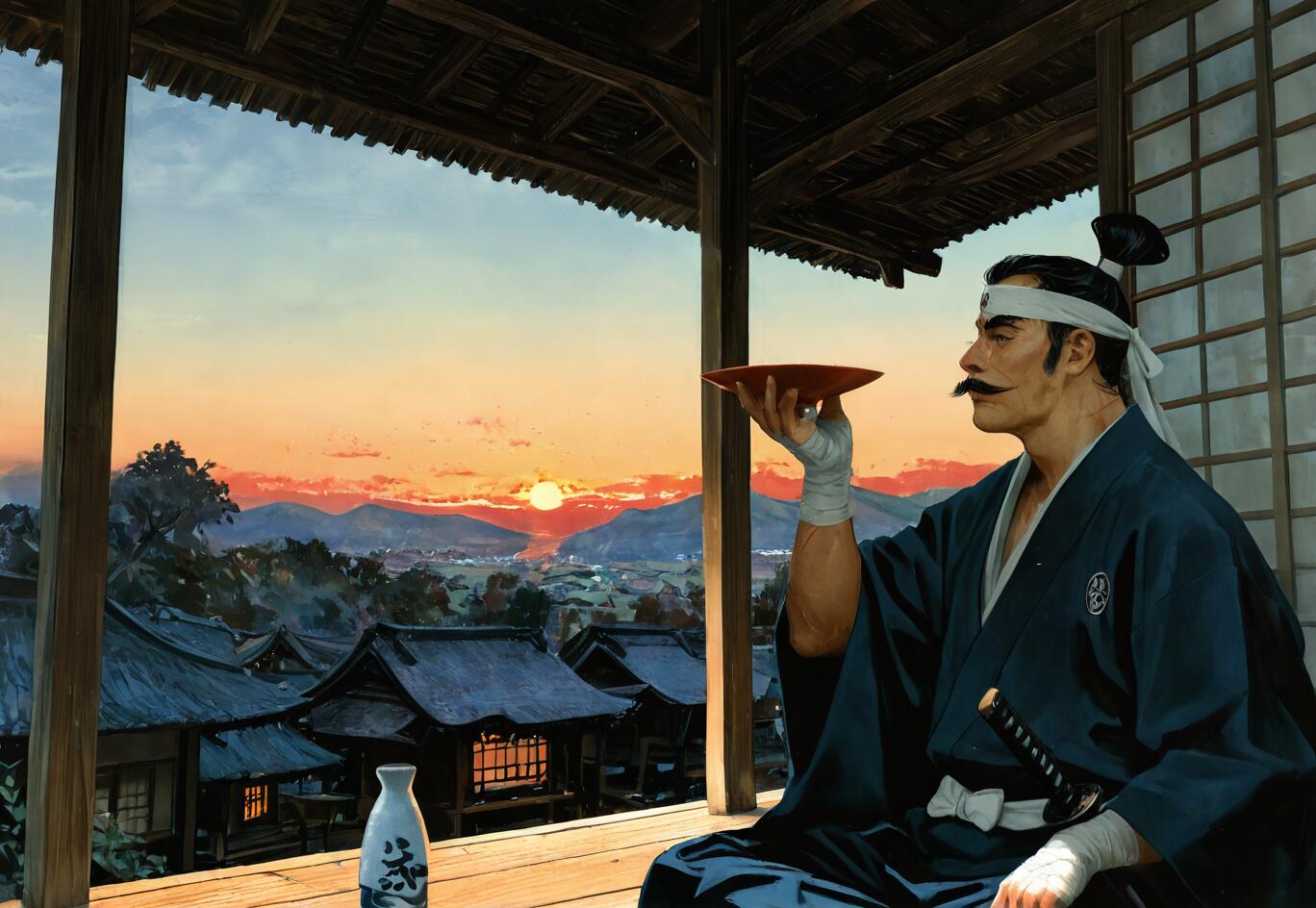 Eine Illustration eines erwachsenen Samurai mit Schnurrbart und zum Dutt gebundenem Haar, der auf einer Veranda bei Sonnenuntergang sitzt, eine rote Sake-Schale in der Hand hält und auf ein japanisches Dorf blickt.