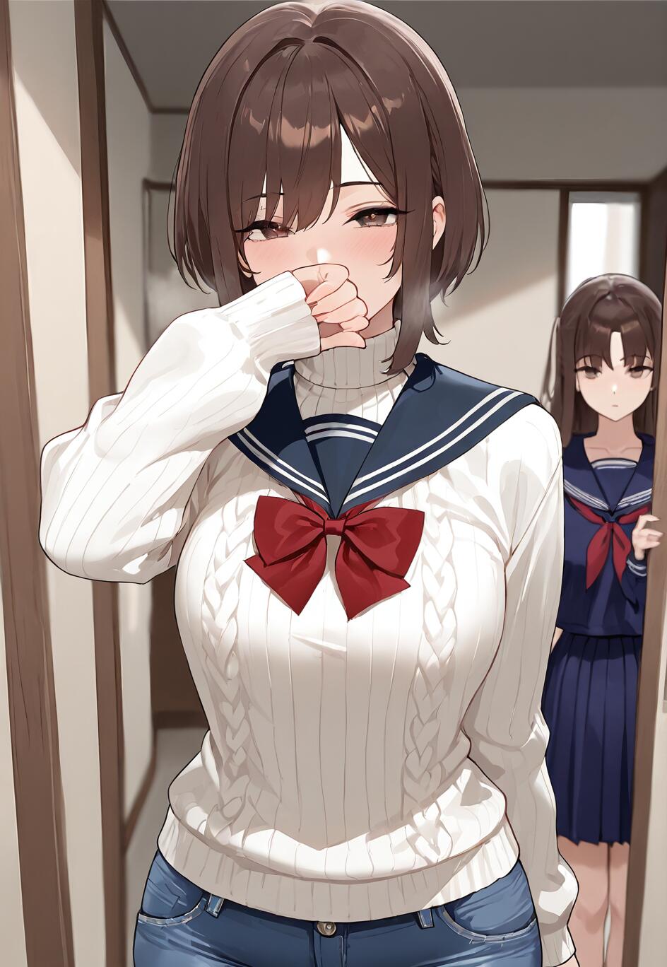 Ein Mädchen im Anime-Stil mit kurzen, braunen Haaren, das einen weißen Strickpullover und Jeans trägt, steht in einem Flur und bedeckt schüchtern ihren Mund. Im Hintergrund lugt ein anderes Mädchen in einer blauen Schuluniform hinter einer Tür hervor.