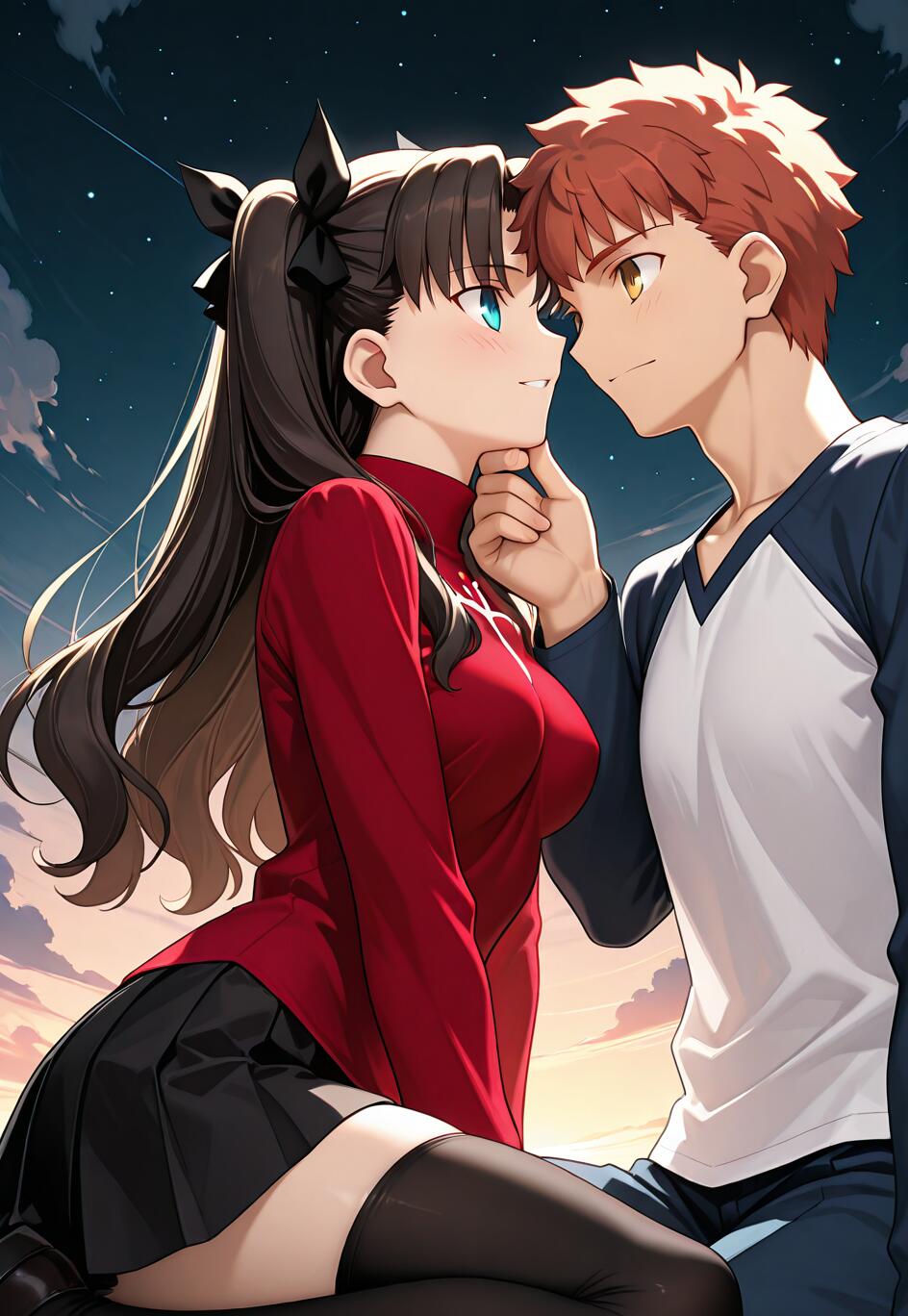 Eine Anime-Illustration von Rin Tohsaka und Shirou Emiya aus Fate/stay night, die einen romantischen Moment miteinander teilen. Shirou hält Rins Kinn, während sie sich unter einem sternenklaren Nachthimmel in die Augen schauen.