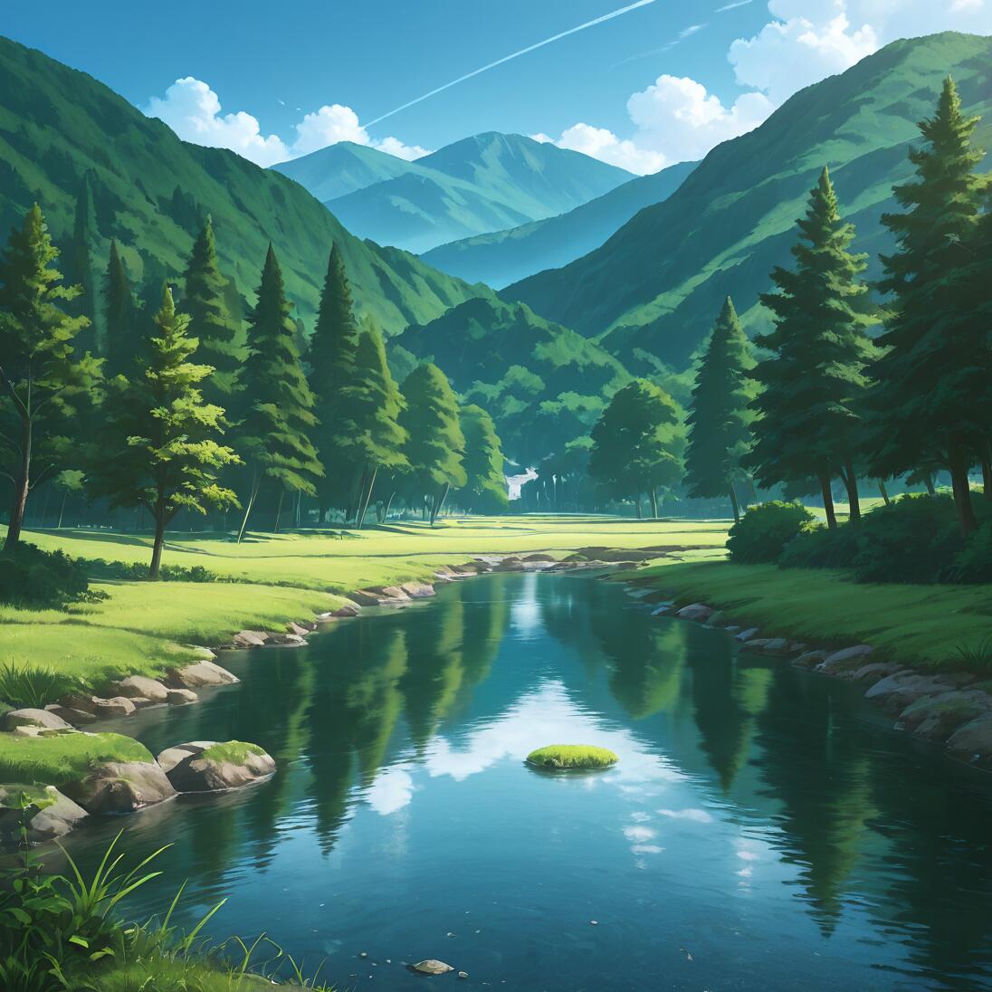 Eine im Anime-Stil gestaltete Landschaft: Ein klarer, ruhiger Fluss fließt durch ein grünes Tal mit üppigem Gras, Kiefern und sanften Hügeln unter einem blauen Himmel.