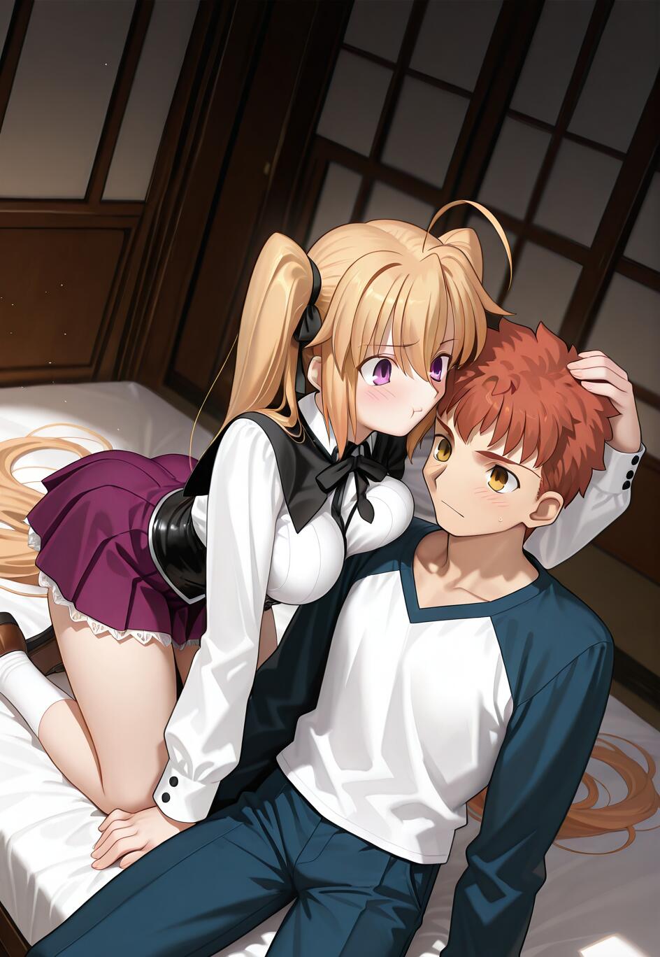 Eine Anime-Illustration, die eine Crossover-Szene aus „Fate/stay night“ und „High School DxD“ zeigt. Irina Shidou, ein blondes Mädchen mit zwei Zöpfen, kniet auf einem Bett und beugt sich über Shirou Emiya, einen rothaarigen Jungen, während sie ihm den Kopf streichelt. Er liegt da und blickt mit geröteten Wangen zu ihr auf.