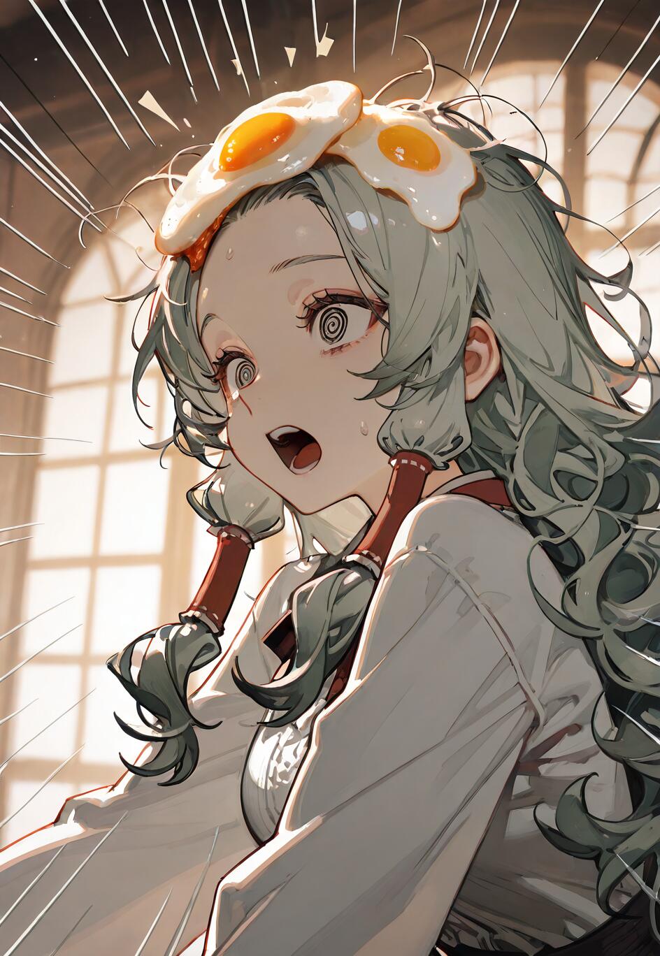 Ein Anime-Mädchen mit welligem, hellgrünem Haar und spiralförmigen Augen, das überrascht aussieht und den Mund offen hat, während zwei Spiegeleier auf seinem Kopf liegen.