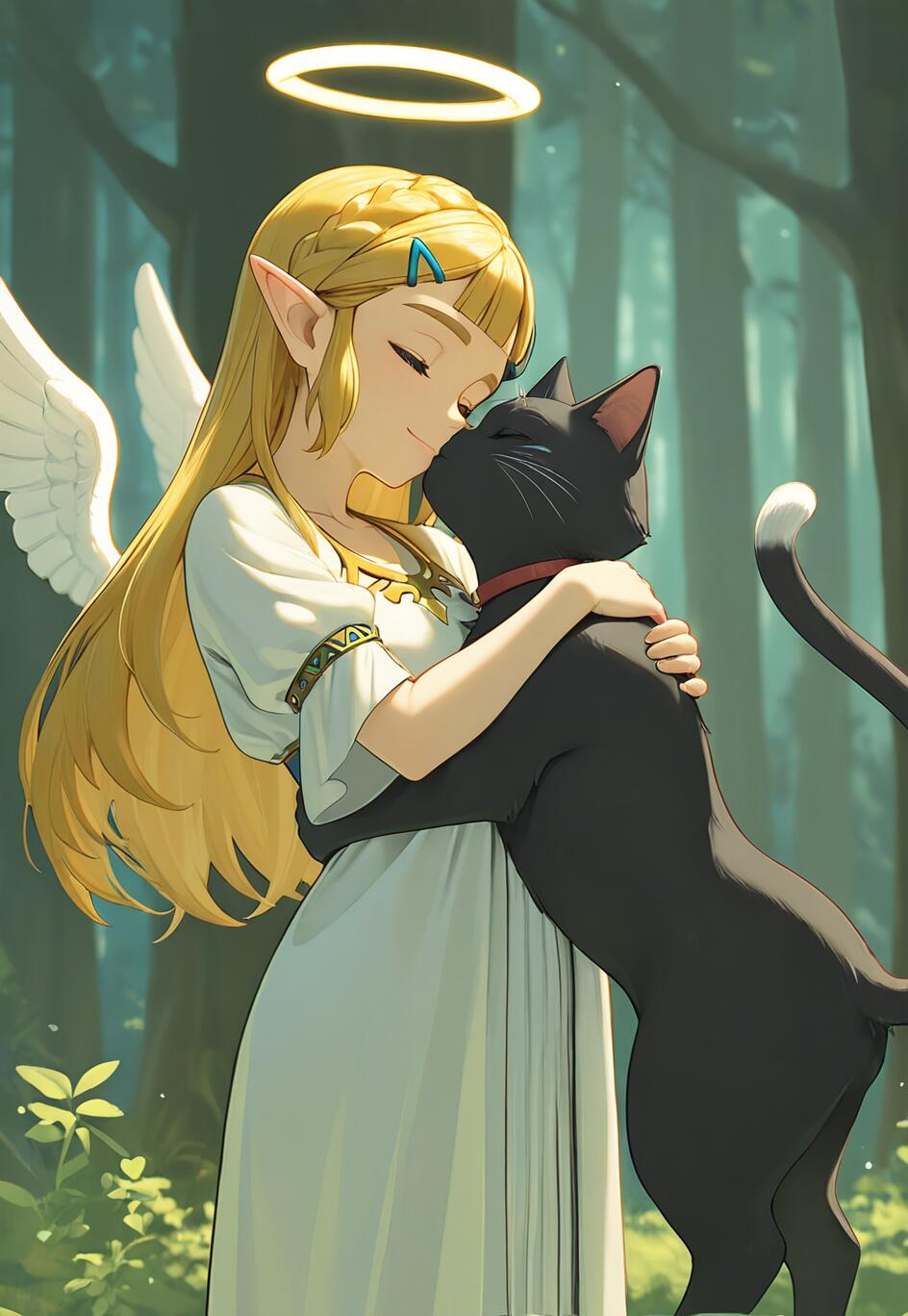 Eine im Anime-Stil gehaltene Illustration von Prinzessin Zelda mit Engelsflügeln und einem Heiligenschein, die in einer Waldlandschaft zärtlich eine schwarze Katze umarmt.