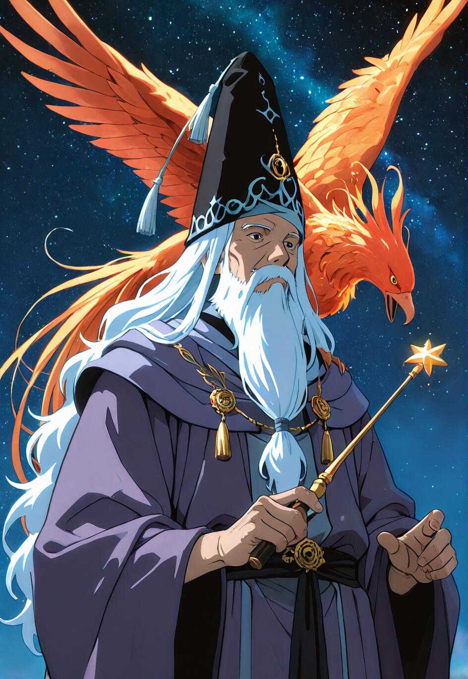 Ein im Anime-Stil gezeichnetes Porträt von Albus Dumbledore, einem Zauberer mit langem, weißem Bart und violetten Gewändern, der einen Zauberstab mit einem sternförmigen Aufsatz hält. Hinter ihm ist ein großer, orangefarbener Phönix vor einem sternenübersäten Nachthimmel zu sehen.