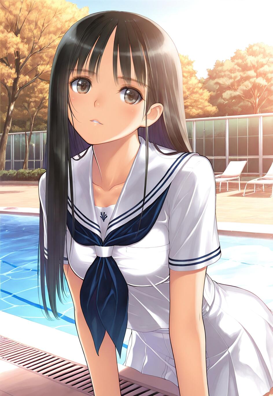 Eine im Anime-Stil gehaltene Illustration einer jungen Frau mit langen, schwarzen Haaren und braunen Augen, die eine japanische Schuluniform trägt und sich neben einem leuchtend blauen Schwimmbecken leicht nach vorne beugt.