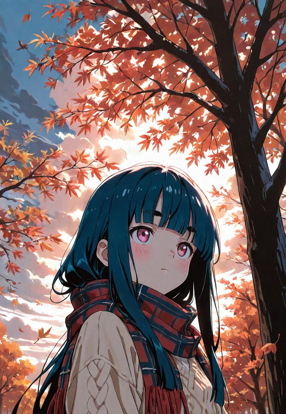 Eine Anime-Illustration von Akane Kinoshita aus „Loving Yamada at Lv999!“, mit dunkelblauem Haar und einem karierten Schal, die unter einem Baum mit leuchtend orangefarbenen Herbstblättern steht.