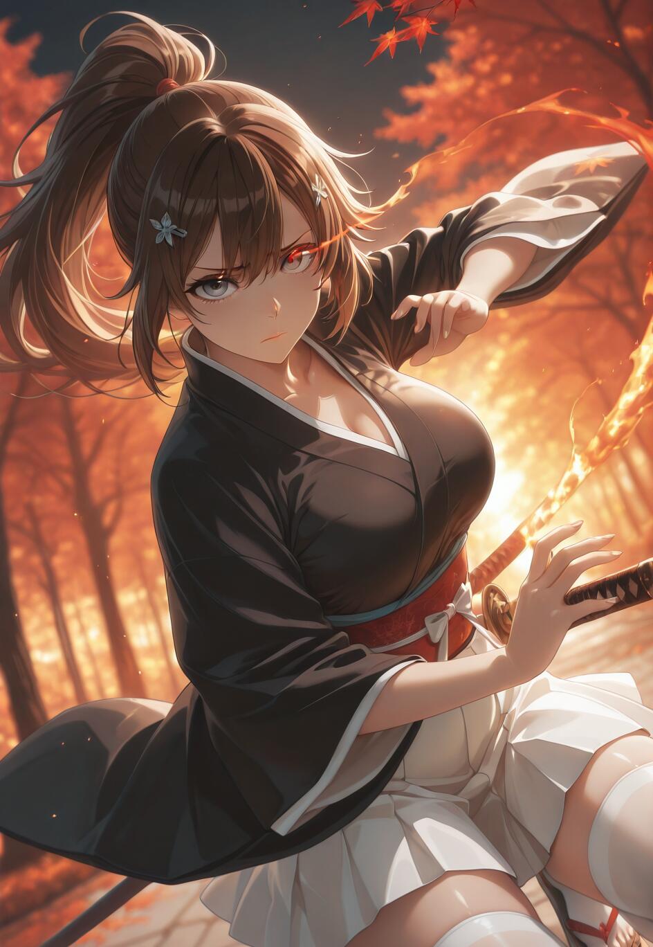 Ein Anime-Mädchen mit langem, braunem Haar, das zu einem Pferdeschwanz gebunden ist, und einem ernsten Gesichtsausdruck trägt ein schwarzes Kimono und einen weißen Rock und hält in einer Kampfhaltung eine Katana mit Scheide in einem leuchtenden Herbstwald.