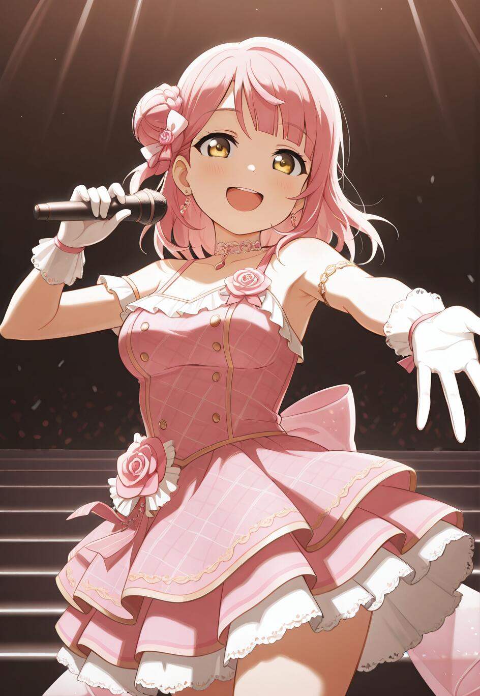 Ayumu Uehara aus Love Live! Nijigasaki High School Idol Club lächelt strahlend, während sie auf der Bühne in ein Mikrofon singt. Sie trägt ein aufwendiges, rosa-weißes Idol-Kostüm mit Rosenmotiven.
