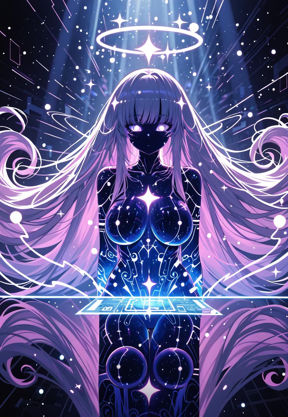 Eine im Anime-Stil gestaltete, himmlische Frau mit langem, lilafarbenem Haar, einer mit Galaxienmustern verzierten Haut und einem sternenbesetzten Heiligenschein, die in einem kosmischen, digitalen Raum mit einer schwebenden holographischen Tastatur interagiert.