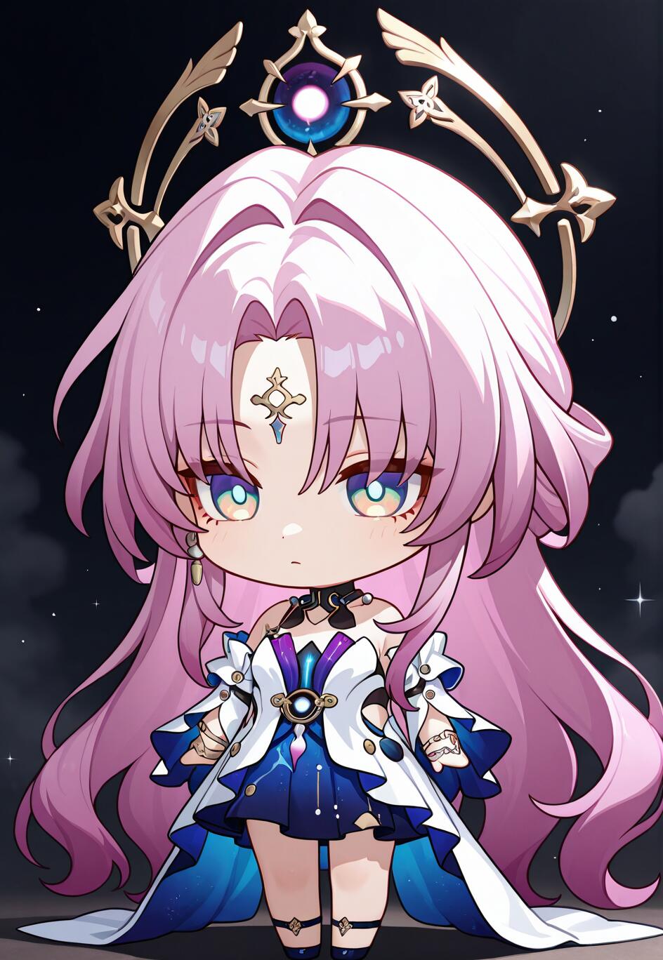 Eine niedliche Chibi-Zeichnung von Fu Xuan aus Honkai: Star Rail. Sie hat langes, pinkfarbenes Haar, ein goldenes Stirnband und ein detailliertes, weiß-blaues Kleid. Sie steht vor einem dunklen Hintergrund mit Sternen.