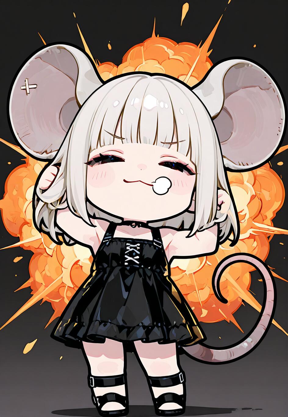 Ein Chibi-Anime-Mädchen mit großen Mäuseohren und silbernem Haar, das als Nazrin aus dem Touhou-Projekt identifiziert wird. Sie trägt ein schwarzes Kleid und posiert selbstbewusst vor einer feurigen Explosion.