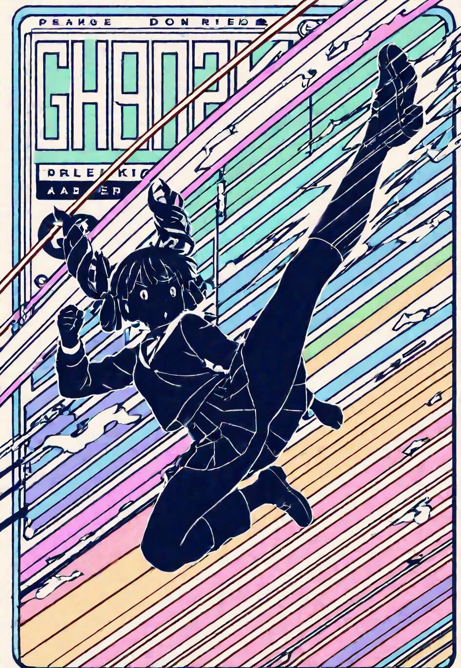 Eine digitale Illustration im Anime-Stil, die die Silhouette eines Schulmädchens mit zwei Zöpfen zeigt, das einen hohen Tritt ausführt. Es ist mit einer weißen Kontur versehen und steht vor einem Hintergrund aus farbenfrohen, diagonal verlaufenden Pastellstreifen, was Geschwindigkeit und Bewegung suggeriert.