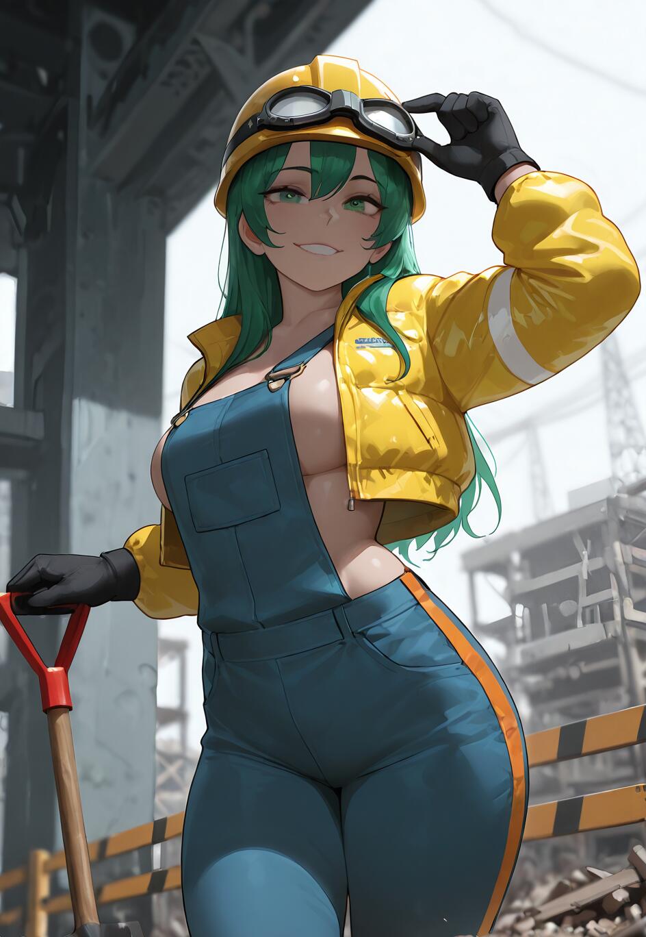 Ein Anime-Mädchen mit langem, grünem Haar und einem selbstbewussten Lächeln, gekleidet wie eine Bauarbeiterin mit gelbem Schutzhelm, gelber Jacke und blauer Arbeitskleidung, das auf einer Baustelle eine Schaufel hält.