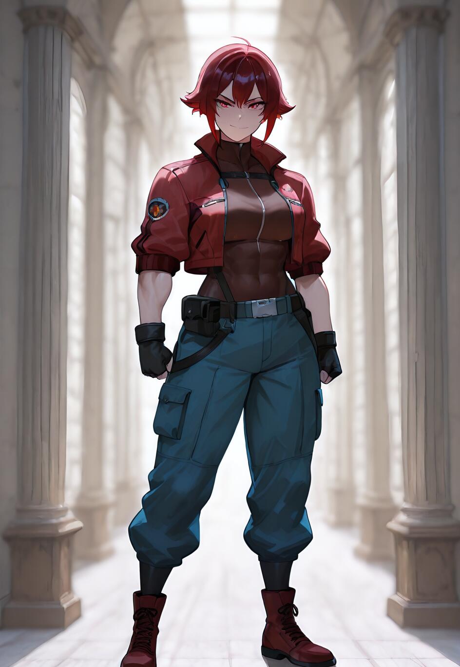 Eine Ganzkörperillustration einer muskulösen Anime-Frau mit kurzen roten Haaren und roten Augen, die eine rote Jacke, eine blaue Cargohose und Kampfstiefel trägt und in einem langen, mit Säulen gesäumten Flur steht.