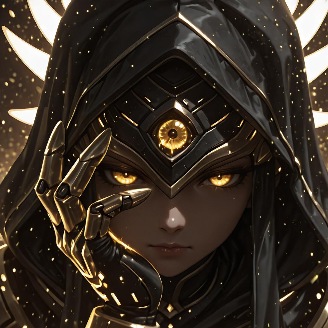 Ein Nahaufnahmeporträt der Figur Justicar Syndra aus League of Legends. Sie hat leuchtend gelbe Augen und trägt eine schwarze Kapuze über einem kunstvollen, schwarz-goldenen Kopfschmuck mit einem Symbol für ein drittes Auge. Sie hält eine metallische, gepanzerte Hand in der Nähe ihres Gesichts vor dem Hintergrund leuchtender Partikel.