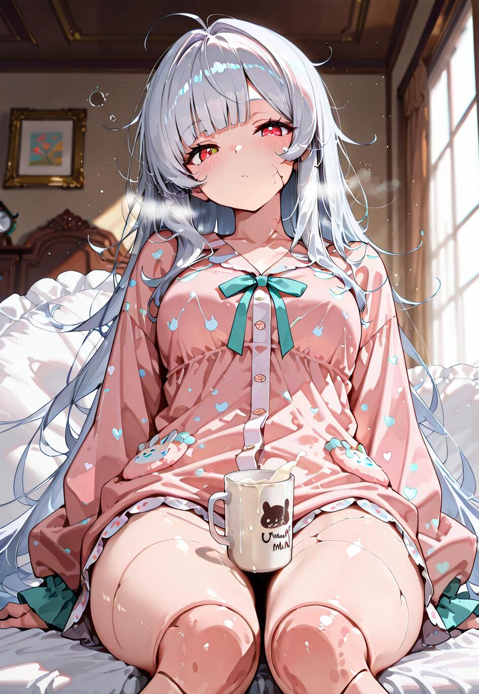 Ein Anime-Mädchen mit langem, weißem Haar und roten Augen sitzt in einem sonnendurchfluteten Zimmer in ihrem Bett und hält eine Tasse in der Hand. Sie trägt einen rosa Schlafanzug. Ihr Gesicht und ihre Gliedmaßen weisen puppenartige Risse auf.