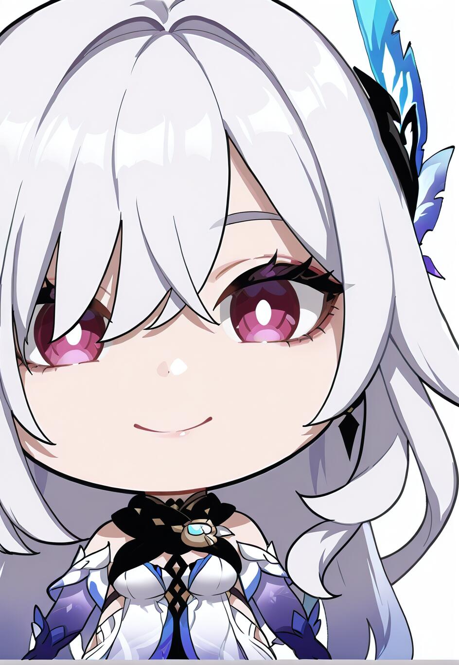 Eine Nahaufnahme einer im Chibi-Stil gezeichneten Skirk aus Genshin Impact, einer weiblichen Figur mit langen, weißen Haaren und violetten Augen, die lächelnd vor einem weißen Hintergrund dargestellt ist.