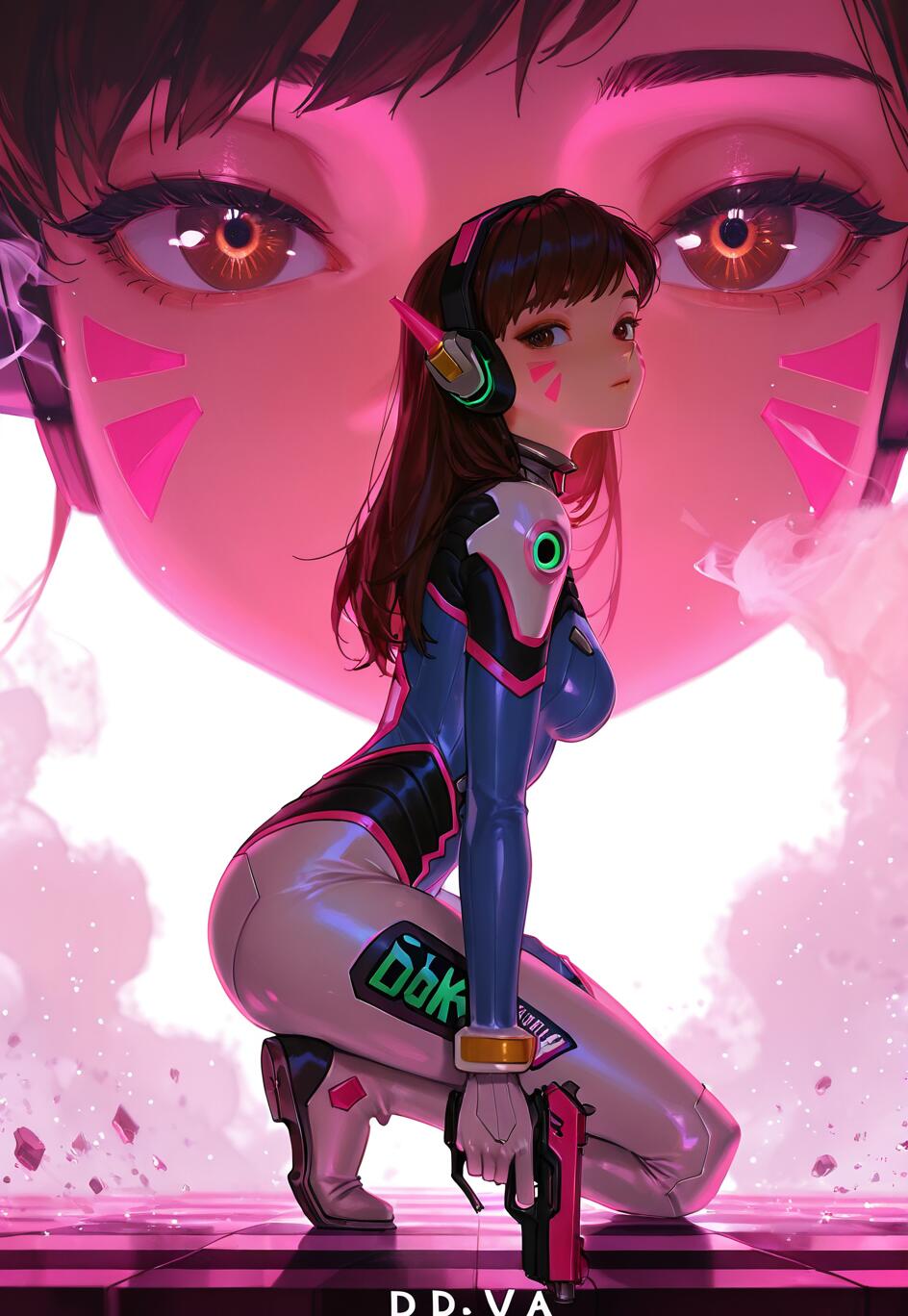 Eine Ganzkörperillustration von D.Va aus dem Spiel Overwatch, die auf einem rosa-schwarz karierten Boden kauert. Sie trägt ihren Pilotenanzug, hält eine rosa Pistole und blickt über ihre Schulter. Im Hintergrund ist ein großes, rosa-farbenes Nahaufnahmebild ihres Gesichts zu sehen.