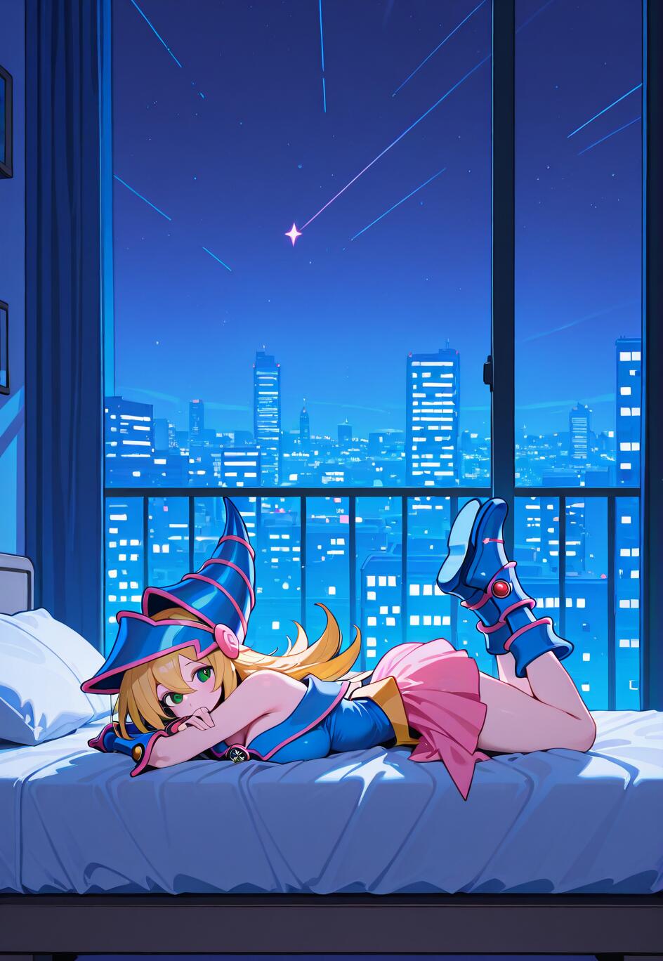 Das „Dunkle Magier-Mädchen“ aus „Yu-Gi-Oh!“ in ihrem typischen blau-rosa Outfit, liegend auf dem Bauch in einem Bett in einem Hochhausappartement, mit Blick auf die nächtliche Skyline der Stadt und einem Sternschnuppen, die durch das Fenster sichtbar sind.