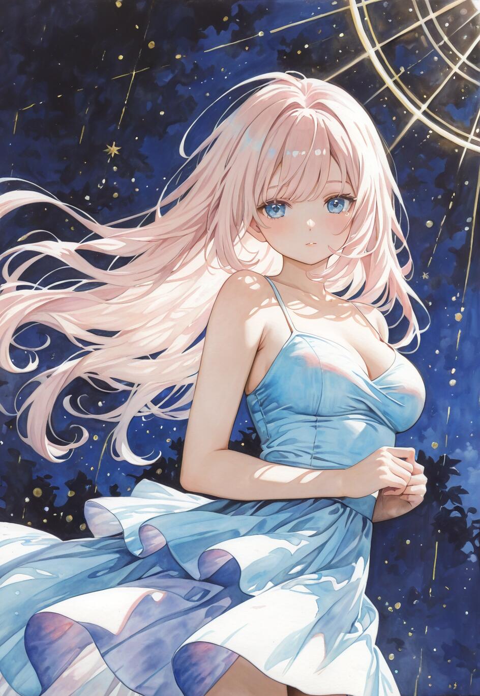 Eine im Anime-Stil gehaltene Illustration von Elysia aus „Honkai Impact 3rd“, einem wunderschönen Mädchen mit langen, pinkfarbenen Haaren und blauen Augen, das ein fließendes, hellblaues Kleid vor einem magischen, sternenübersäten Nachthimmel trägt.