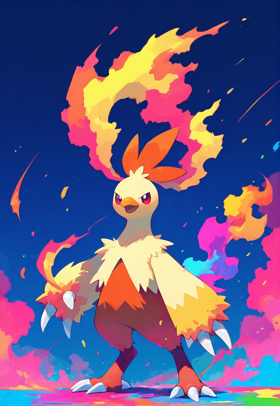 Eine digitale Illustration des Pokémon Combusken, das selbstbewusst posiert. Flammen schießen aus seiner Kopfkamm heraus vor einem lebendigen Hintergrund aus blauen, rosa und gelben Farbtupfern.
