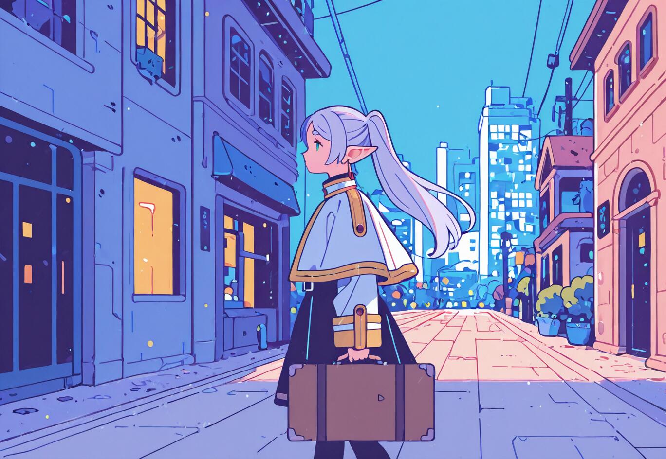 Eine im Anime-Stil gehaltene Illustration von Frieren, einem Elfenmädchen mit langem, weißem Haar, das zu einem Pferdeschwanz gebunden ist. Sie geht eine moderne Stadtstraße entlang. Sie ist von der Seite dargestellt, trägt eine weiße Schulterdecke und eine braune Reisetasche. Die Gebäude der Stadt sind in verschiedenen Blautönen und Violetttönen dargestellt.