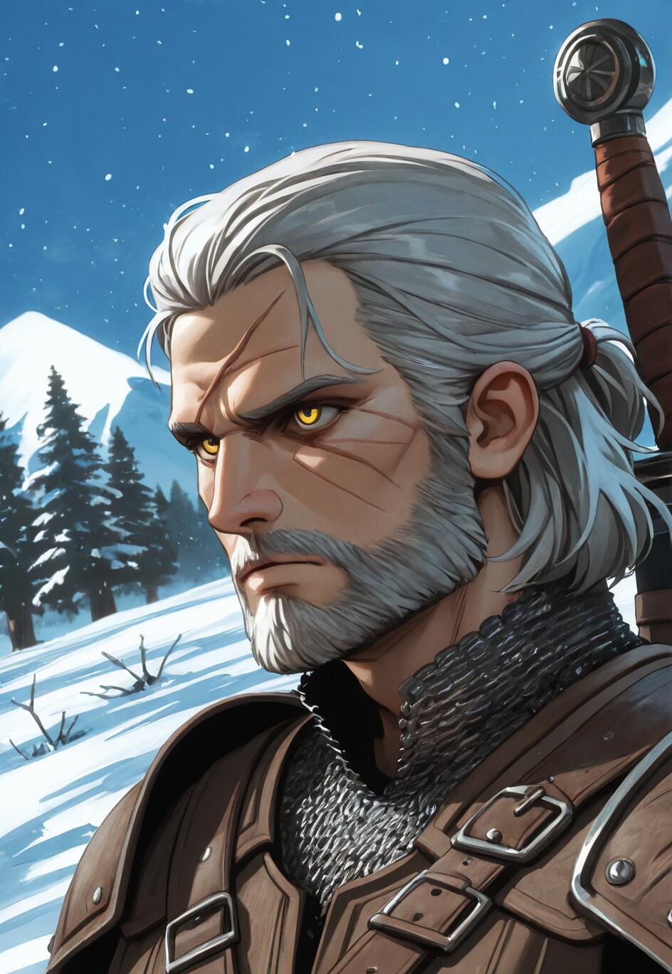Eine Illustration von Geralt von Riva aus der Witcher-Reihe, mit weißem Haar, Bart und gelben Augen, der zur Seite blickt. Er befindet sich in einer verschneiten, bergigen Umgebung und trägt eine Leder- und Kettenhemdrüstung mit einem Schwert auf dem Rücken.
