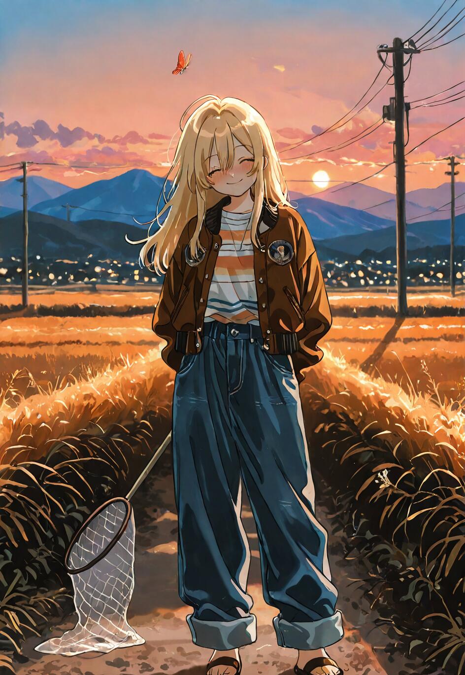 Eine im Anime-Stil gehaltene Illustration eines lächelnden blonden Mädchens in einer braunen Bomberjacke und einer weiten Jeans, das auf einem Pfad in einem goldenen Reisfeld bei Sonnenuntergang steht und ein Schmetterlingsnetz hält.
