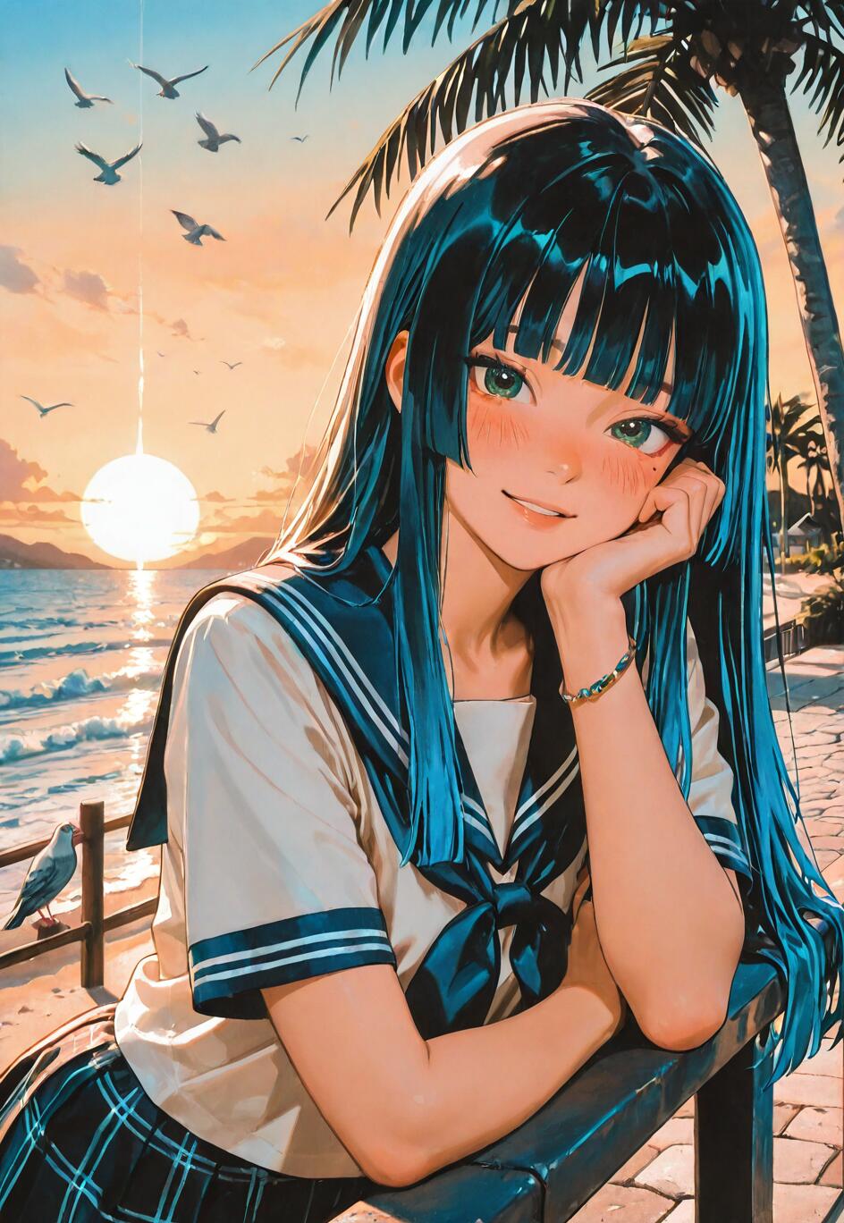 Ein Mädchen im Anime-Stil mit langen, blauen Haaren und grünen Augen, das eine Schuluniform im Matrosenstil trägt, lehnt an einem Geländer und lächelt. Im Hintergrund ist eine wunderschöne Strandlandschaft mit einer untergehenden Sonne, Palmen und Vögeln zu sehen, die am Himmel fliegen.