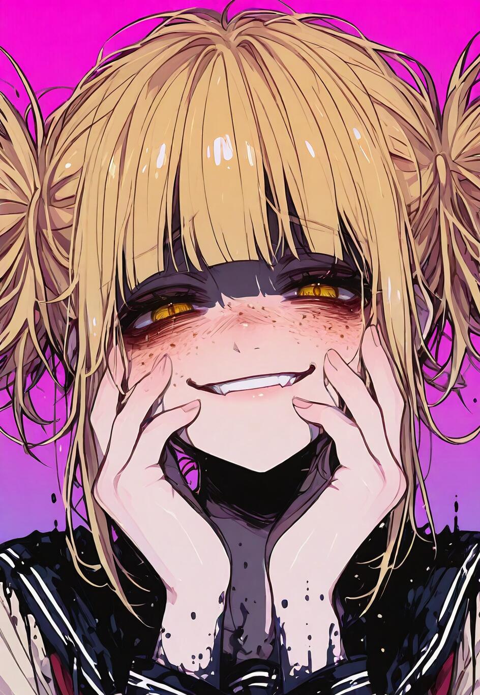 Ein im Anime-Stil gezeichnetes Porträt von Himiko Toga aus „My Hero Academia“. Sie hat unordentliche, blonde Zöpfe, goldene Augen und ein breites, zahnfletschendes Grinsen. Ihre Hände liegen auf ihren Wangen, und ihr Gesichtsausdruck ist beunruhigend fröhlich.