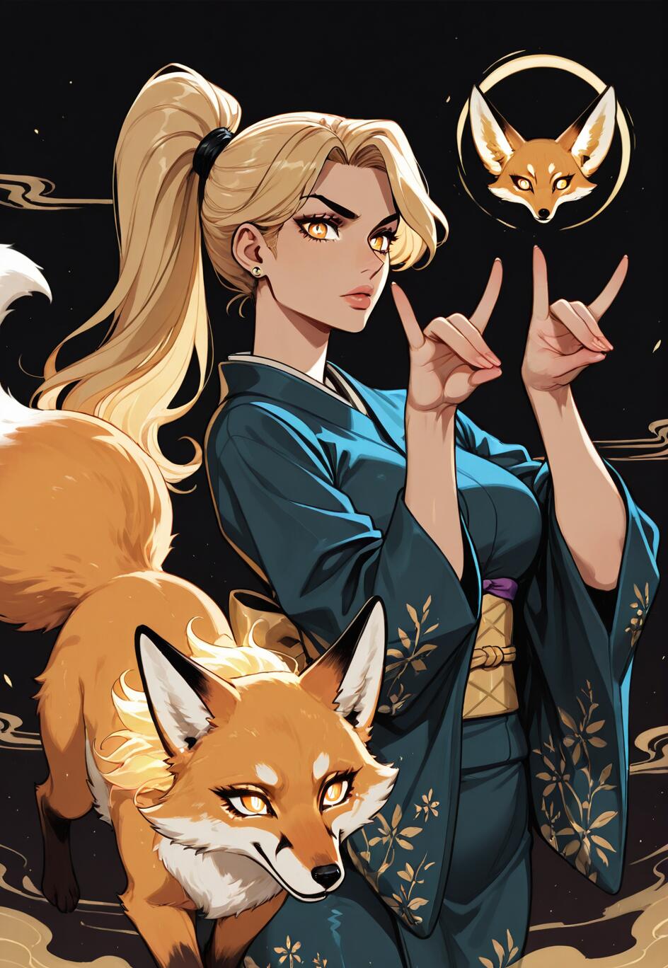 Eine im Anime-Stil gehaltene Illustration einer blonden Frau in einem blauen Kimono, die mit der Hand ein Fuchssymbol formt. Im Hintergrund sind ein roter Fuchs und ein leuchtender Fuchgeist zu sehen.