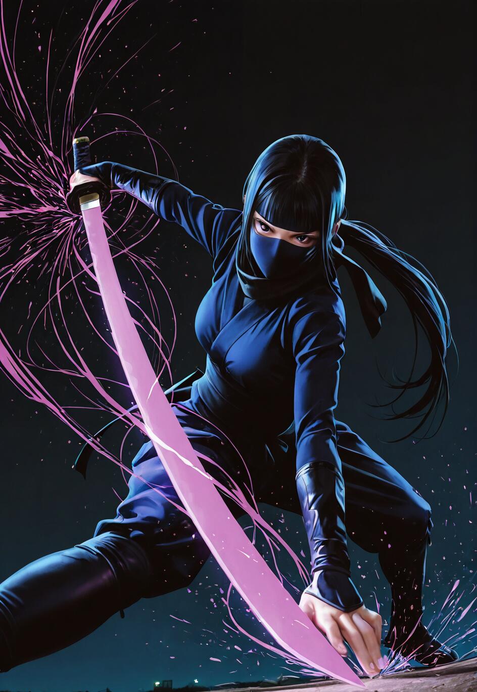 Eine weibliche Ninja in einem dunkelblauen Outfit und einer Maske kauert in Kampfhaltung und hält ein Katana mit einer leuchtend violetten Klinge, die vor einem dunklen Hintergrund rosa Energieblitze aussendet.