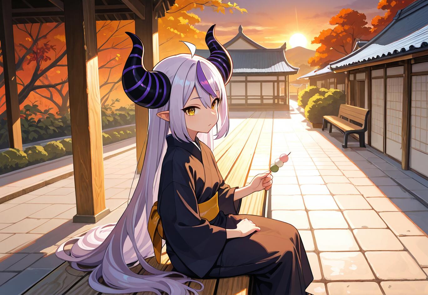 Eine im Anime-Stil gehaltene Illustration von La+ Darknesss aus Hololive, einem Mädchen mit violettem Haar und großen Hörnern, das auf einer Holzveranda in einer traditionellen japanischen Umgebung bei Sonnenuntergang sitzt und einen Dango-Spieß hält.