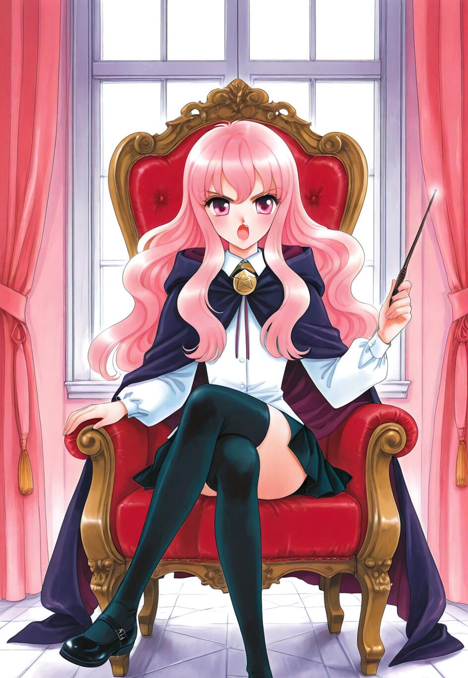 Eine Anime-Illustration von Louise aus der Serie „The Familiar of Zero“, einem jungen Mädchen mit langen, rosa Haaren und einem Zauberstab, das auf einem kunstvoll verzierten, roten Thron vor einem Fenster sitzt.