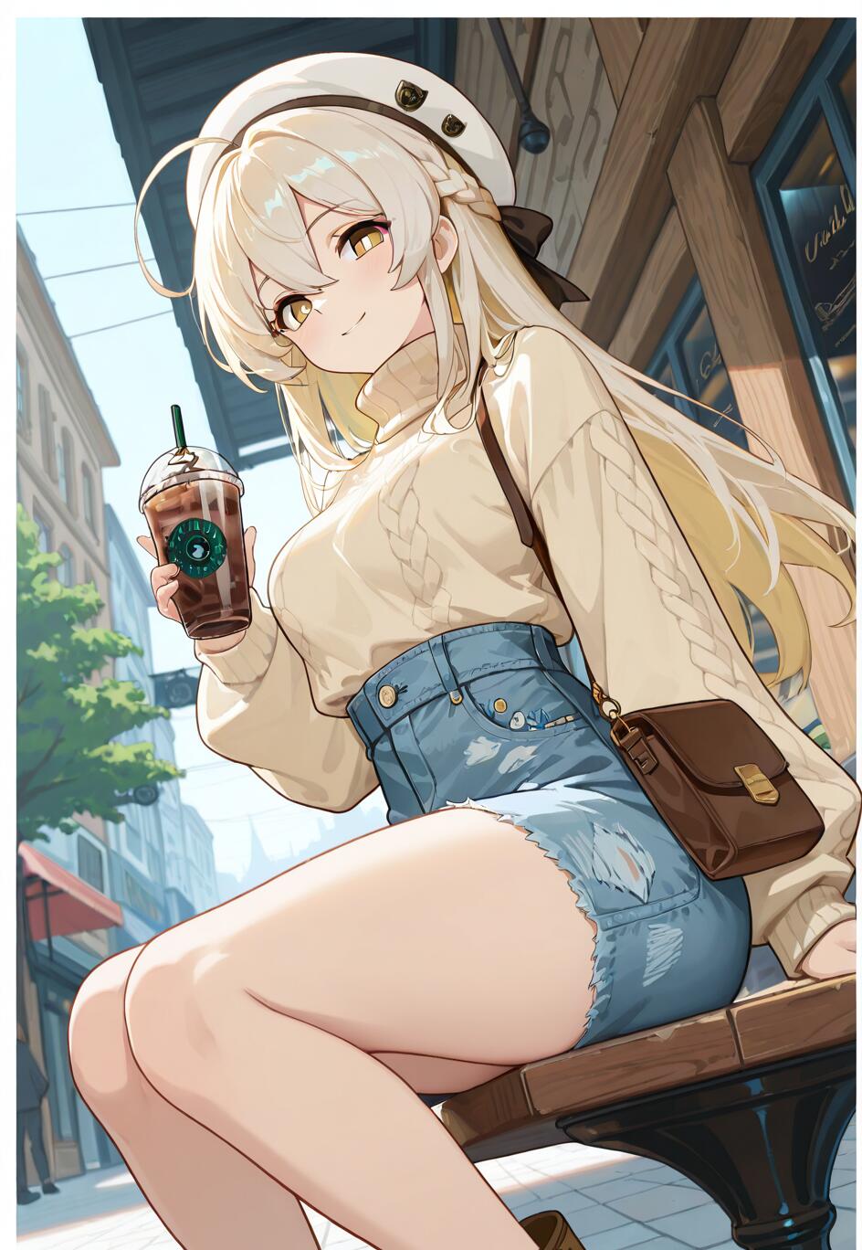 Lumine aus Genshin Impact, ein wunderschönes Anime-Mädchen mit langen, blonden Haaren, sitzt auf einer Parkbank in der Stadt. Sie trägt ein lässiges Outfit mit Pullover und Jeansshorts, lächelt und hält einen Eiskaffee in der Hand.