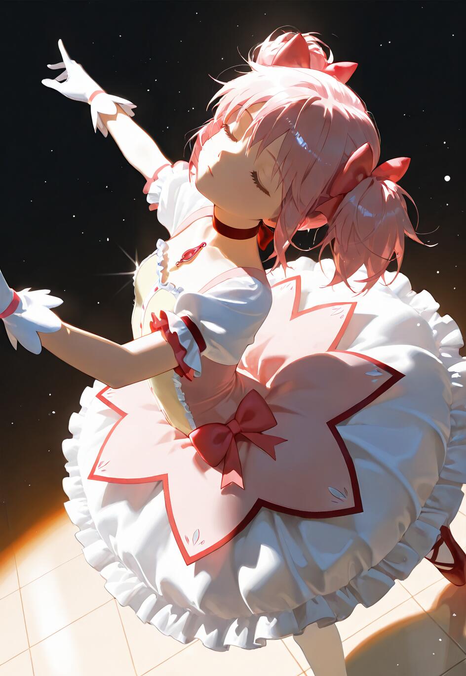 Madoka Kaname aus der Anime-Serie „Puella Magi Madoka Magica“, in einem rosa-weißem Kleid im Ballerina-Stil, tanzt anmutig im Scheinwerferlicht vor einem sternenübersäten Hintergrund, während sie die Augen geschlossen hat.
