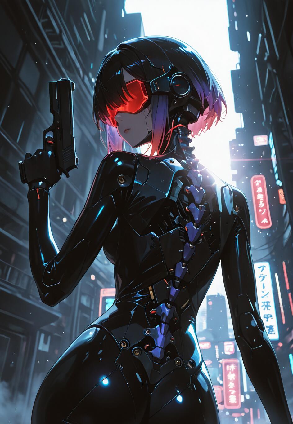 Eine im Anime-Stil gehaltene Illustration der Cyborg Motoko Kusanagi aus „Ghost in the Shell“. Sie hat kurze, violette Haare, ein rotes Visier und trägt einen schwarzen, kybernetischen Anzug, bei dem ein Teil ihrer mechanischen Wirbelsäule sichtbar ist. Sie hält eine Handfeuerwaffe und blickt über ihre Schulter in eine futuristische Stadt bei Nacht, die von Neonreklamen erleuchtet wird.