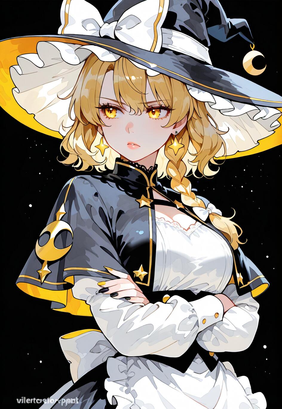 Ein im Anime-Stil gestaltetes Kunstwerk, das Marisa Kirisame aus dem Touhou-Projekt zeigt. Sie ist eine blonde Hexe mit leuchtend gelben Augen, trägt einen großen schwarzen Hut mit einer weißen Schleife und ein schwarz-weißes Kleid und steht mit verschränkten Armen vor einem schwarzen, sternenübersäten Hintergrund.