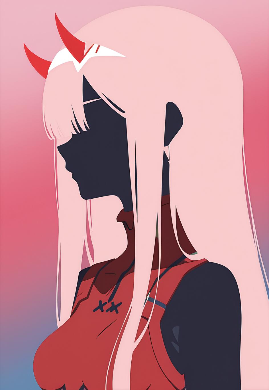 Eine minimalistische Seitenansicht-Illustration der Anime-Figur Zero Two. Sie hat langes, pinkfarbenes Haar, rote Hörner und einen roten Anzug. Ihr Gesicht und Körper bilden eine dunkle Silhouette vor einem pink- und blaufarbenen Farbverlaufshintergrund.