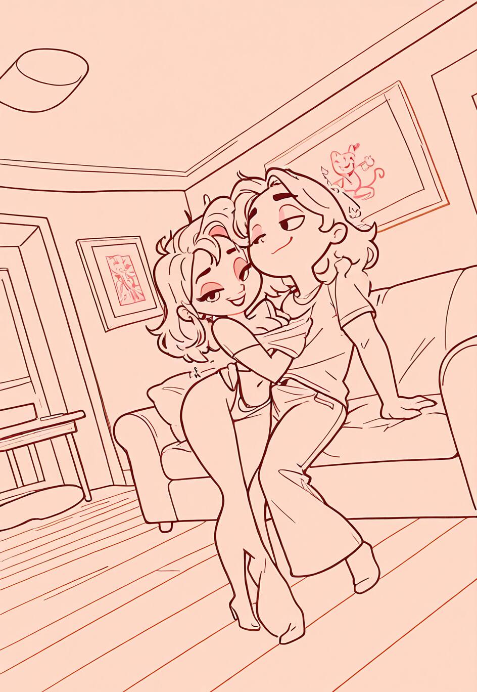 Eine stilisierte, cartoonartige Linienzeichnung, die einen Mann und eine Frau zeigt, wie sie sich spielerisch in einem Wohnzimmer umarmen. Der Mann sitzt auf der Armlehne eines Sofas und hebt das Oberteil der Frau an, während sie vor ihm steht, beide lächeln sich an.